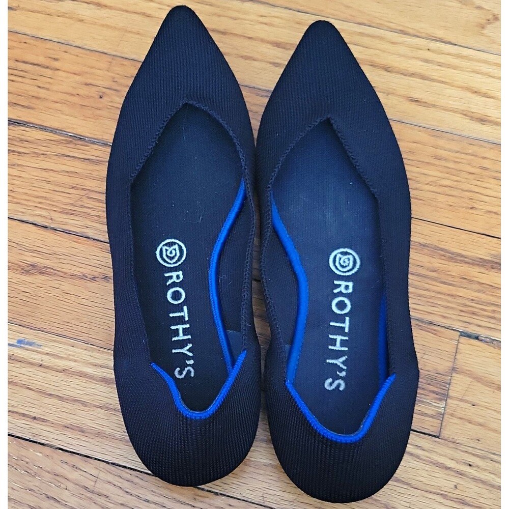 ROTHY'S Pointed Toe Flats Black Blue Contrast Trim Knit Machine Washable W7.5